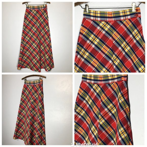 Vintage 60s 70s Plaid Maxi Skirt, Red Blue Plaid A Line Skirt, Hippie Academia - Picture 3 of 14
